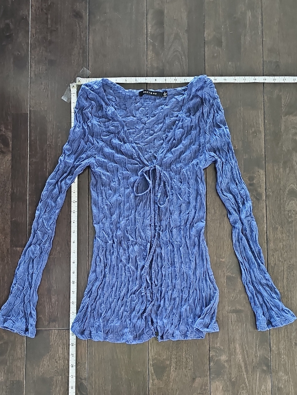 Bay Studio Blue Crinkle Tie-Front Long Sleeve Cardigan